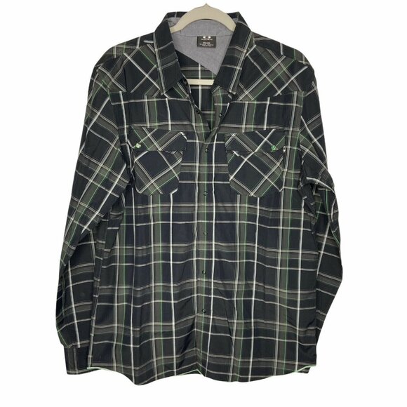 Oakley Button Down Shirt Men's Medium Regular Black‎ Green Plaid Cotton Elastane - Picture 1 of 7